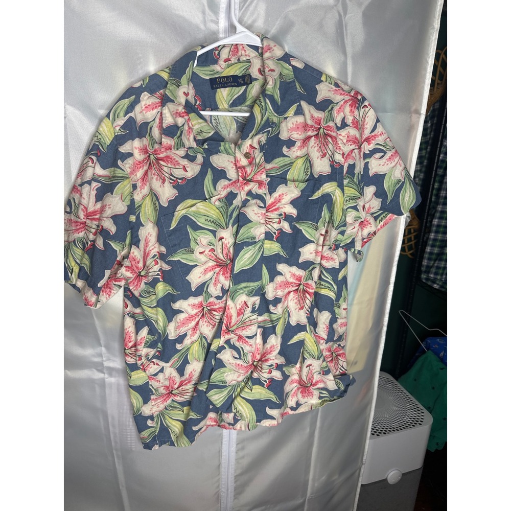 Polo Ralph Lauren Mens XXL Blue Floral Tropical Lily Linen Blend Camp Shirt